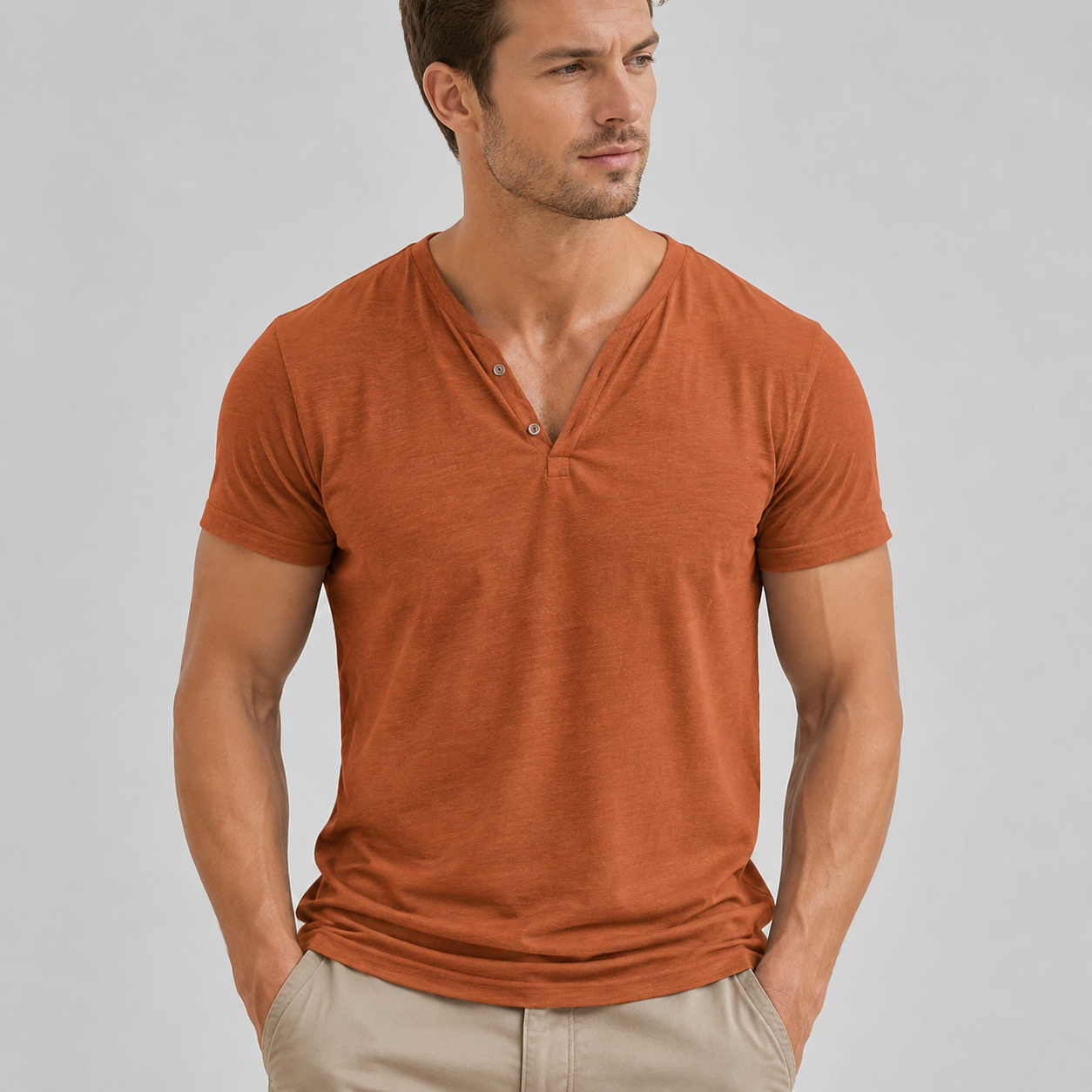 Men's Two-Button V-Neck Short-Sleeve Henley T-Shirt - 5-Piece Rust Set - 26.99 $