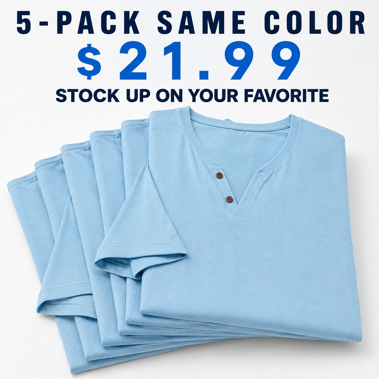 Men's Two-Button V-Neck Short-Sleeve Henley T-Shirt - 5 Piece - Soft Color Set - 26.99 $