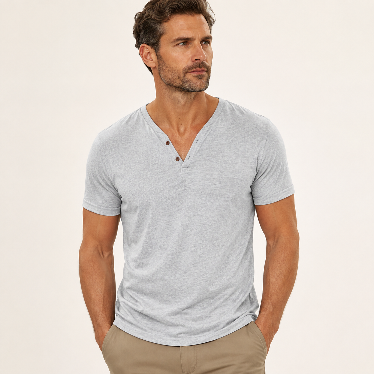 Men's Two-Button V-Neck Short-Sleeve Henley T-Shirt - 5-Piece Heather Gray Set - 26.99 $