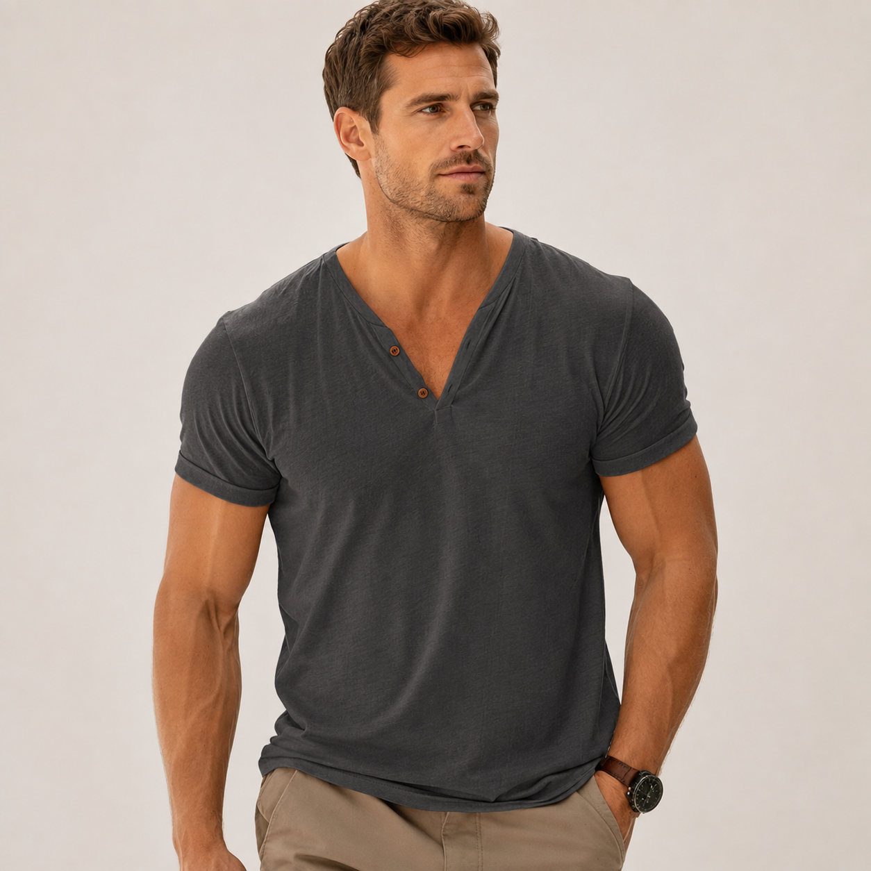 Men's Two-Button V-Neck Short-Sleeve Henley T-Shirt - 5-Piece Charcoal Set - 26.99 $