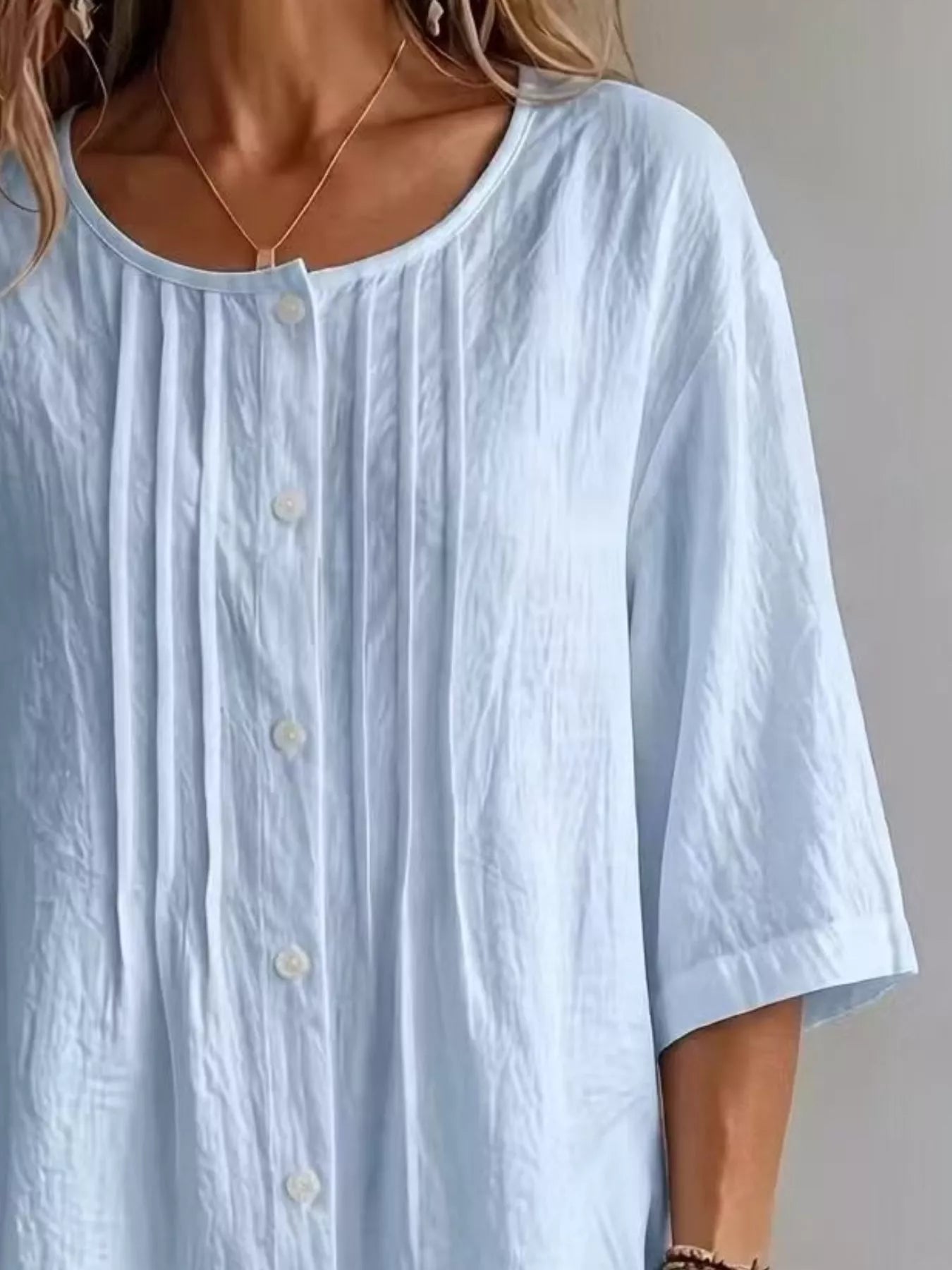 Women's Full Size Cotton Linen Texture Round Neck 3/4 Sleeve Blouse