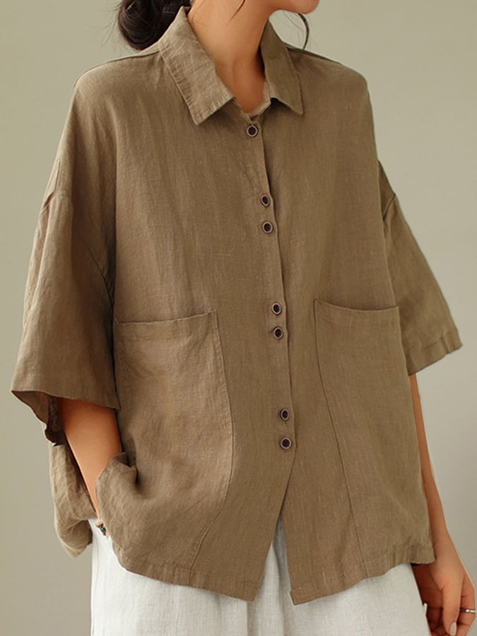 Women's Retro Lapel Solid Color Casual Cotton And Linen Shirt