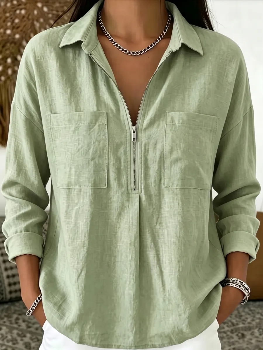 New Arrival🔥 Women's Casual Long-Sleeve Linen-Blend Shirt with Dual Pockets
