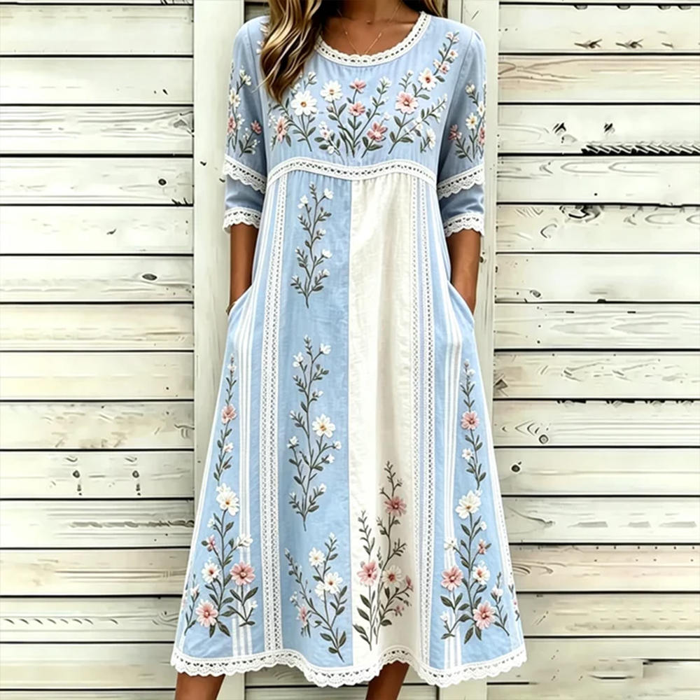 Women's Retro Floral Art Embroidered Patchwork Linen Blend Short Sleeve Dress