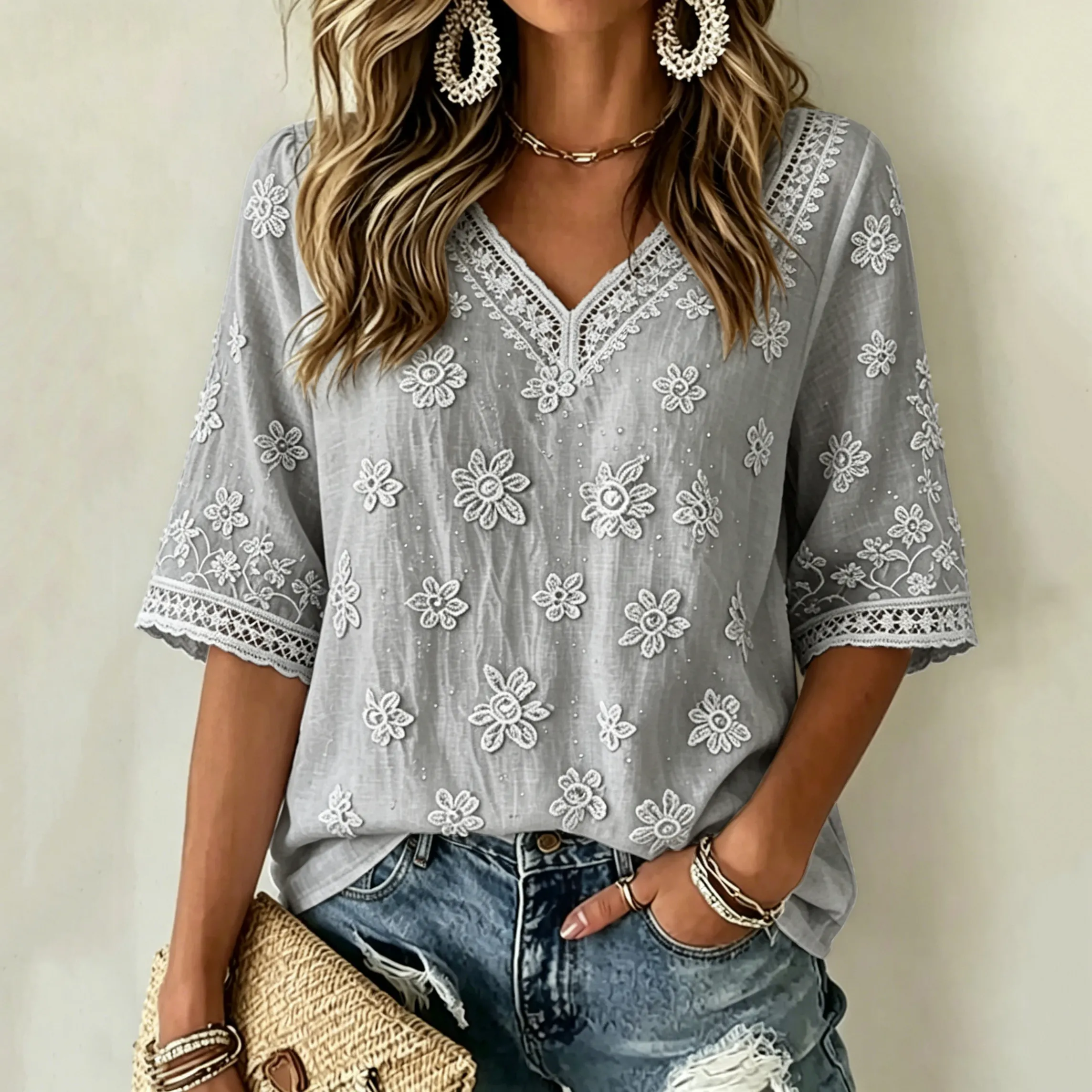Women's White Rose Art Embroidered Art Flowy Linen Blend Three Quarter Sleeves T-shirt