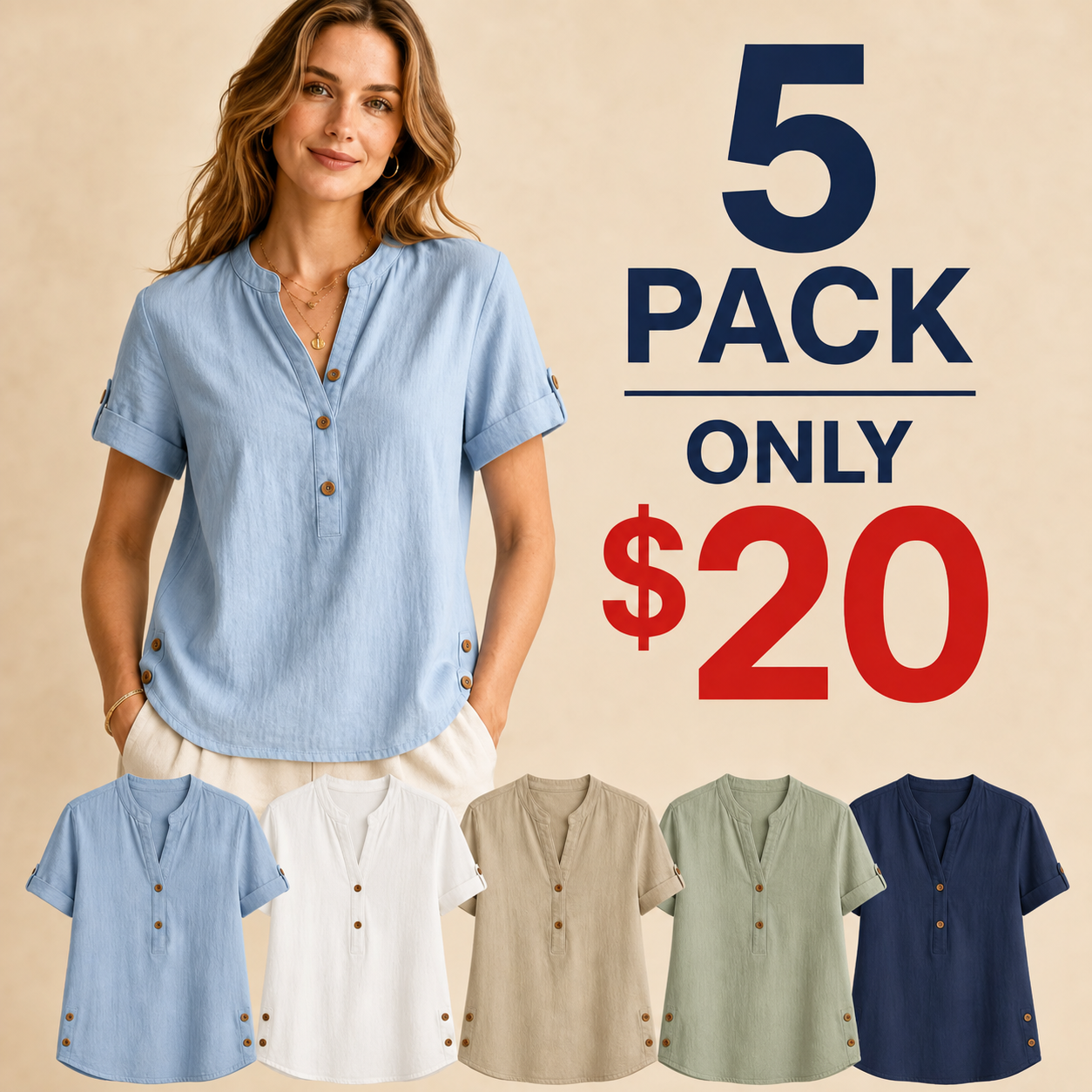 ⏰Warehouse Liquidation Sale⚡10 Pack for $28⚡Women's Linen Mandarin Collar T-Shirt