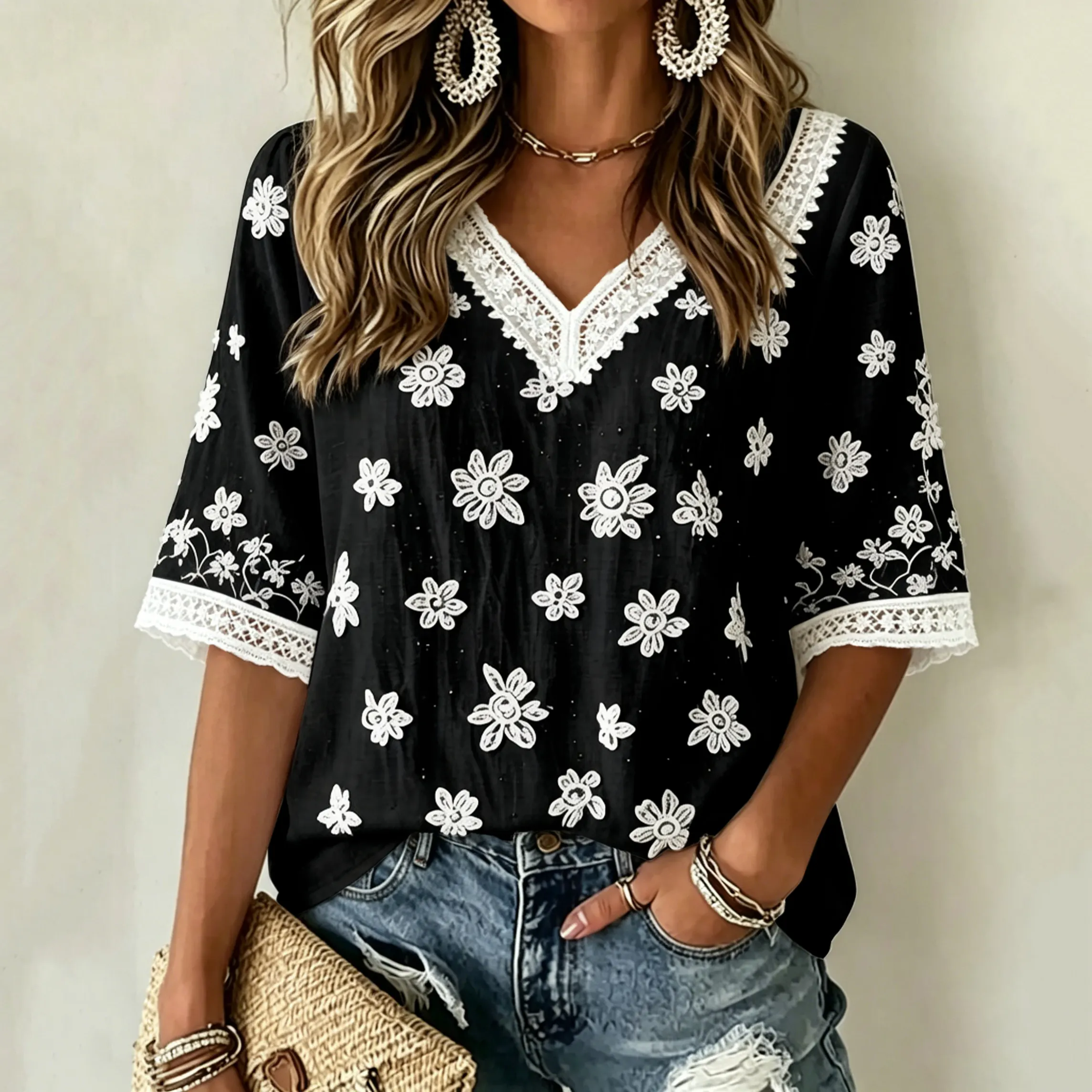Women's White Rose Art Embroidered Art Flowy Linen Blend Three Quarter Sleeves T-shirt
