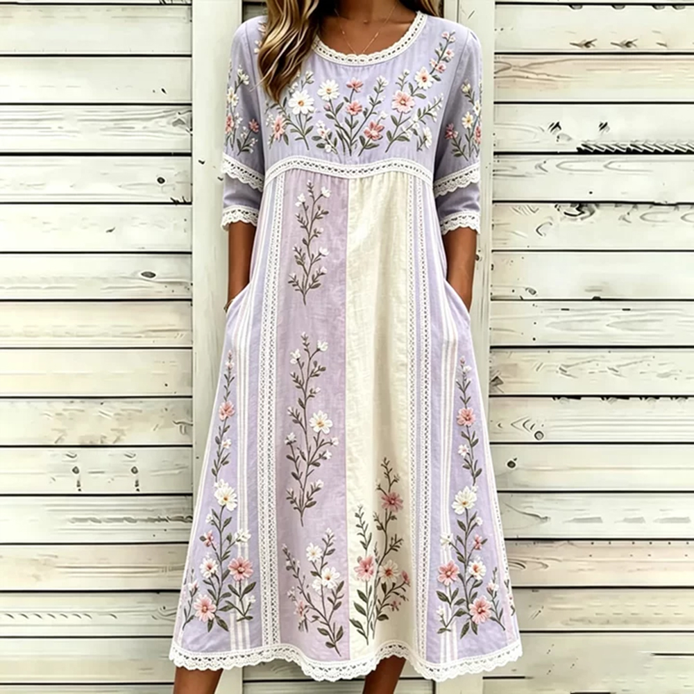Women's Retro Floral Art Embroidered Patchwork Linen Blend Short Sleeve Dress