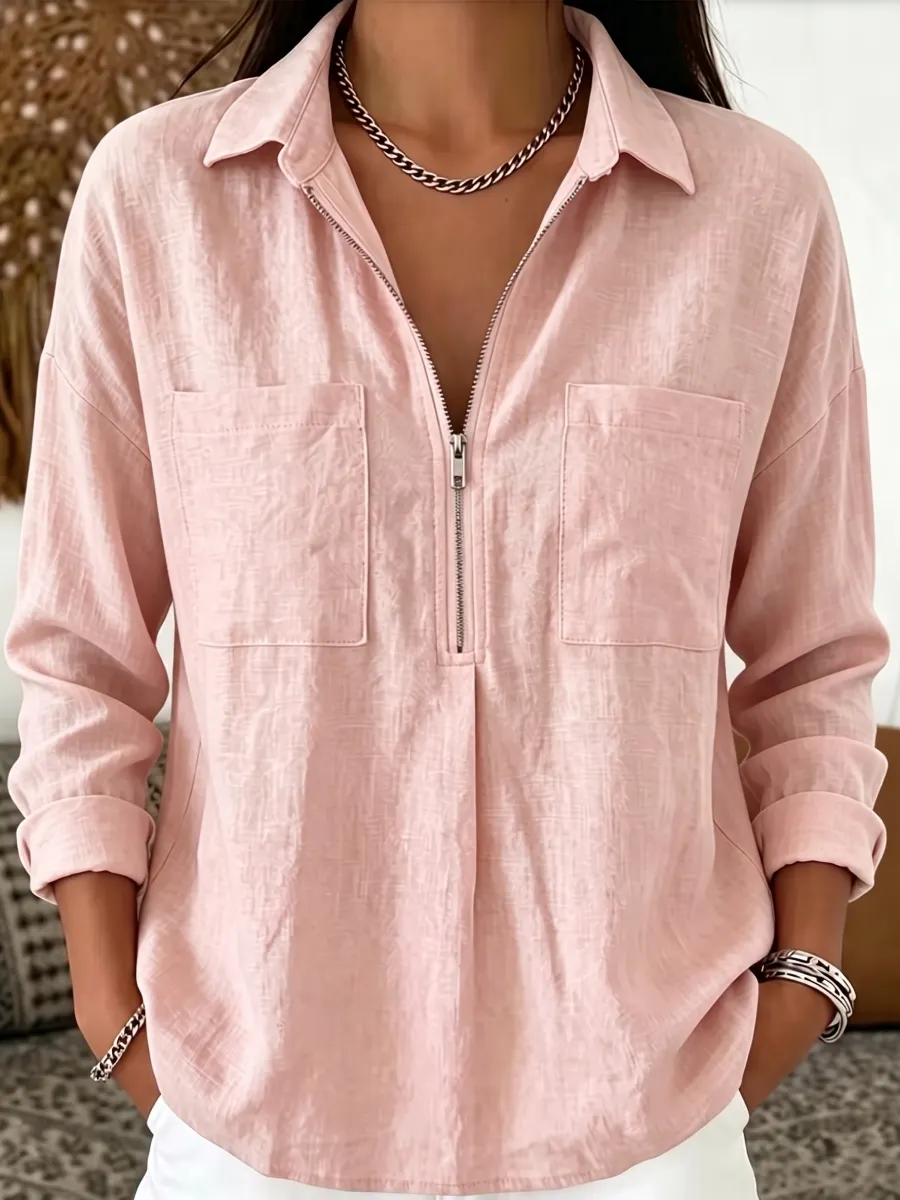 New Arrival🔥 Women's Casual Long-Sleeve Linen-Blend Shirt with Dual Pockets