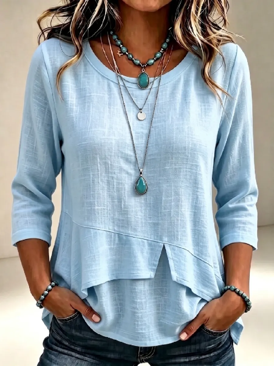 New Arrival🔥 Women'S Elegant Round Neck Cloth Symmetrical Hem Design 3/4 Sleeve T-Shirt