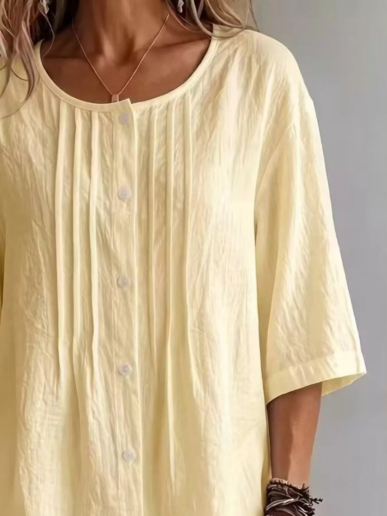 Women's Full Size Cotton Linen Texture Round Neck 3/4 Sleeve Blouse