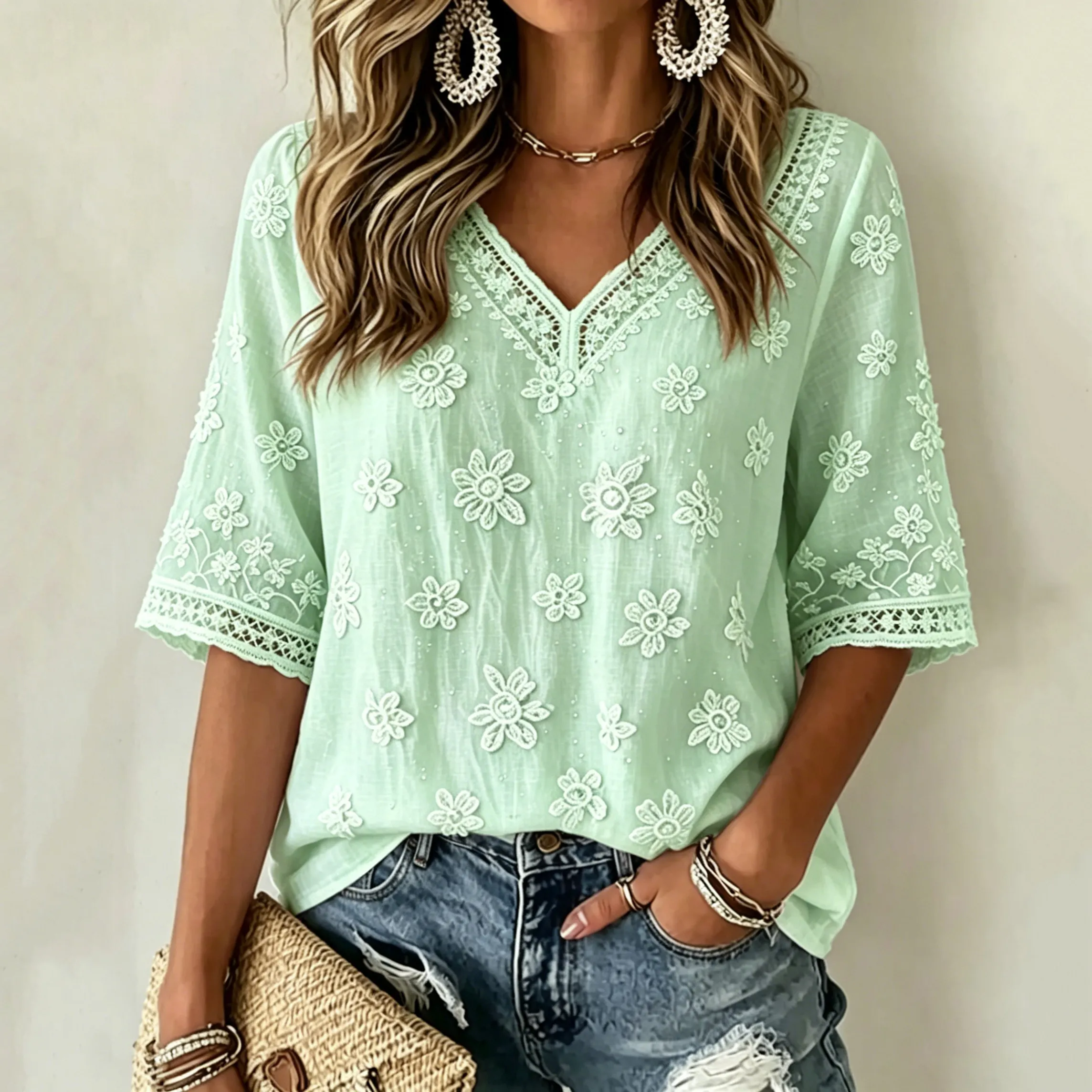 Women's White Rose Art Embroidered Art Flowy Linen Blend Three Quarter Sleeves T-shirt
