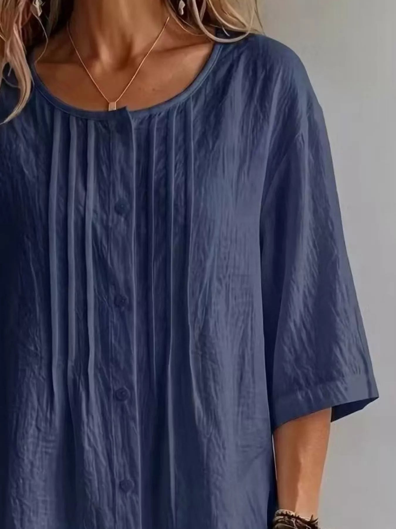 Women's Full Size Cotton Linen Texture Round Neck 3/4 Sleeve Blouse