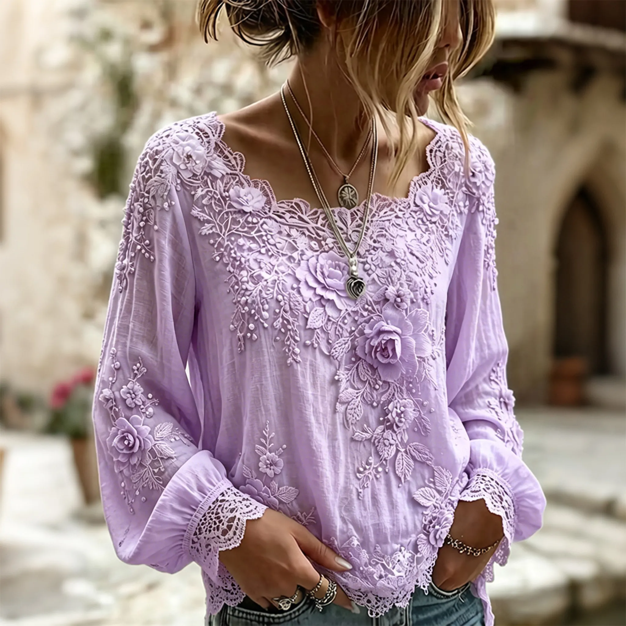 Women's Vintage White Rose Floral Art Flowy Crew Neck Long Sleeve Linen T-shirt