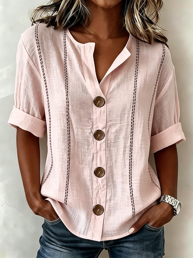 Stand Collar Linen Blend Casual Shirt