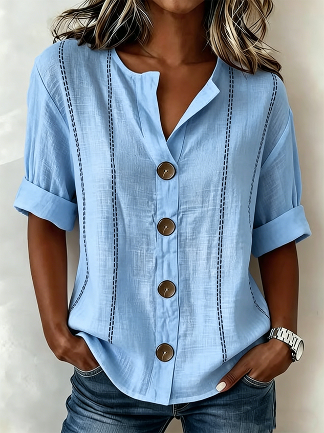 Stand Collar Linen Blend Casual Shirt