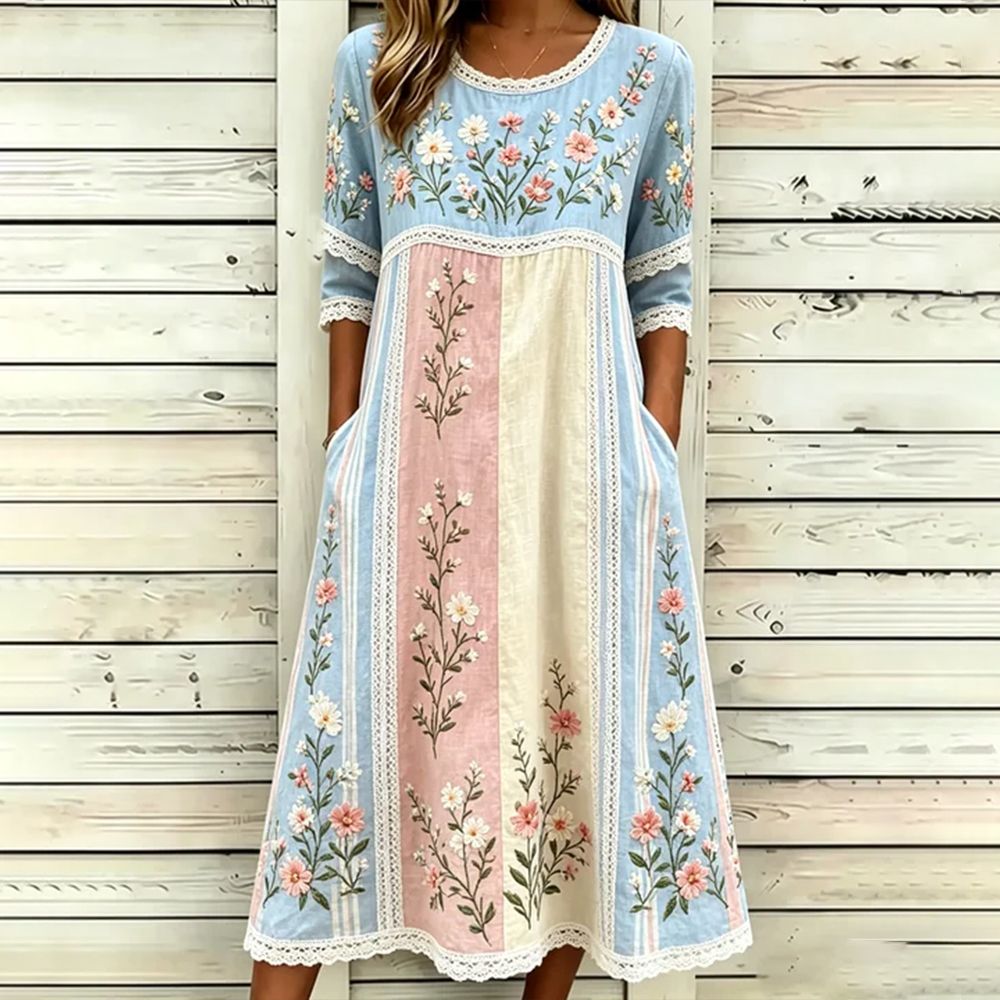 Women's Retro Floral Art Embroidered Patchwork Linen Blend Short Sleeve Dress