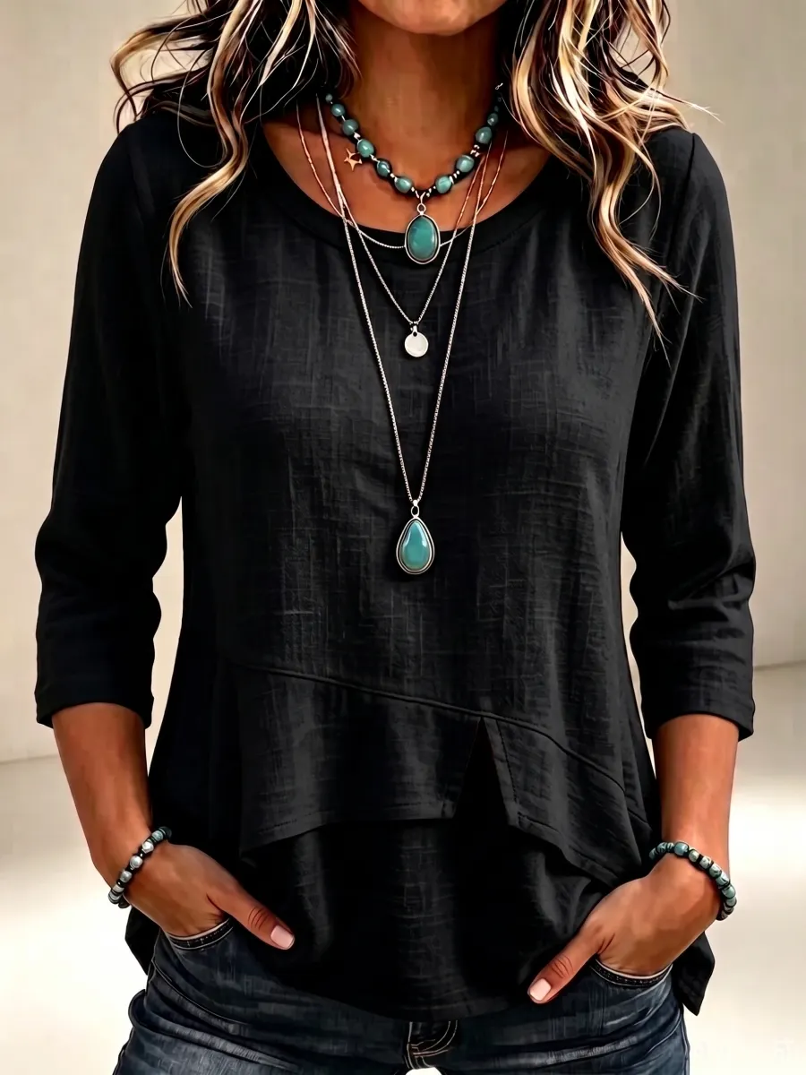 New Arrival🔥 Women'S Elegant Round Neck Cloth Symmetrical Hem Design 3/4 Sleeve T-Shirt