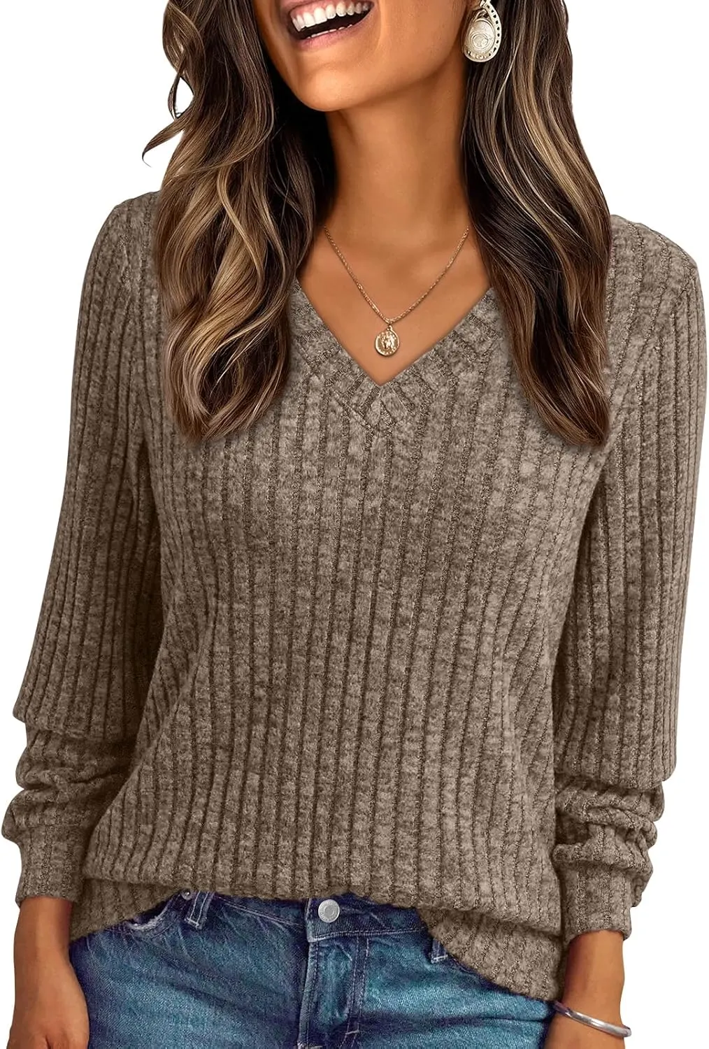 🔥Trendy Women’s V Neck Long Sleeve Tunic Sweater Fall 