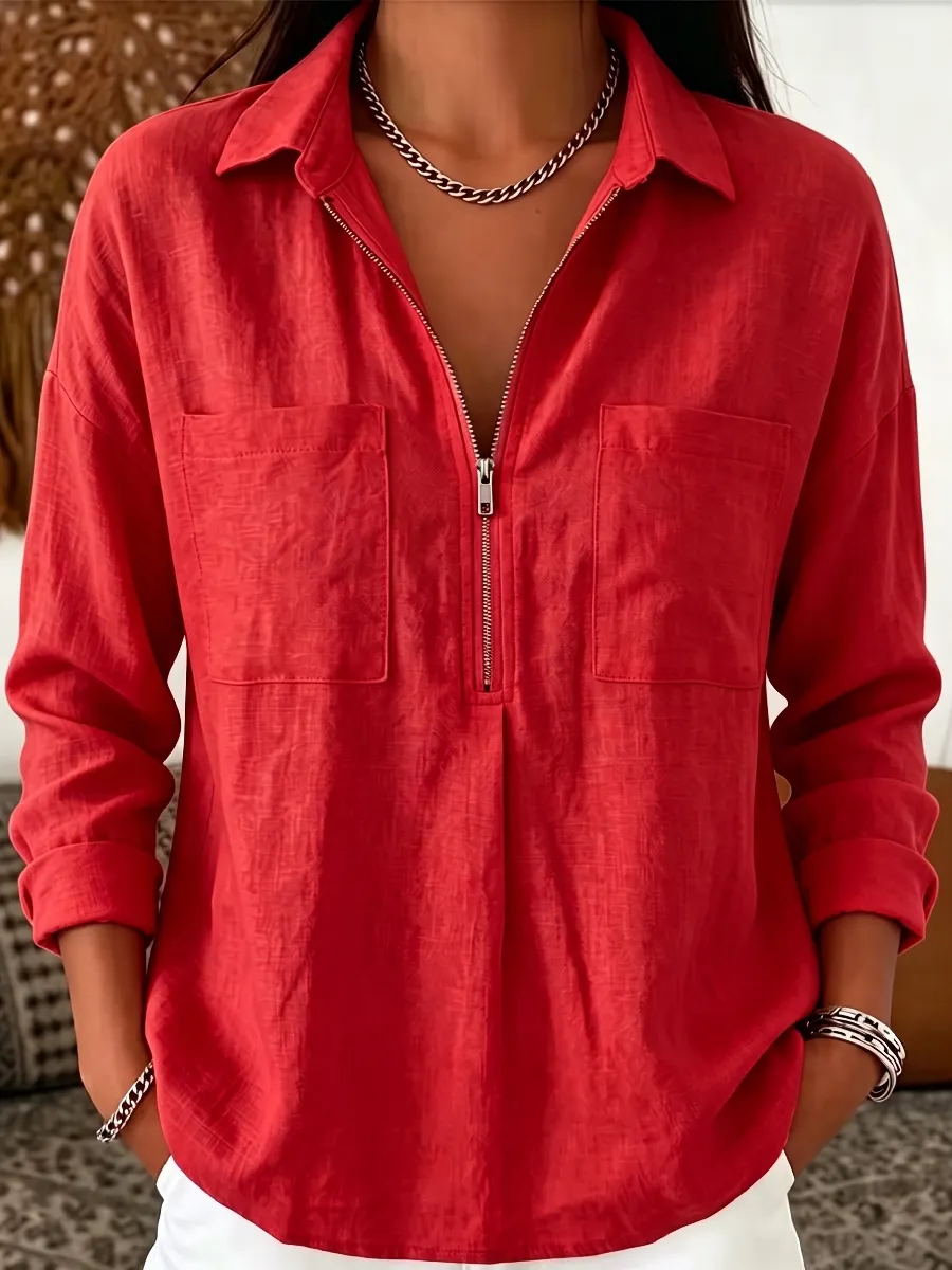 New Arrival🔥 Women's Casual Long-Sleeve Linen-Blend Shirt with Dual Pockets