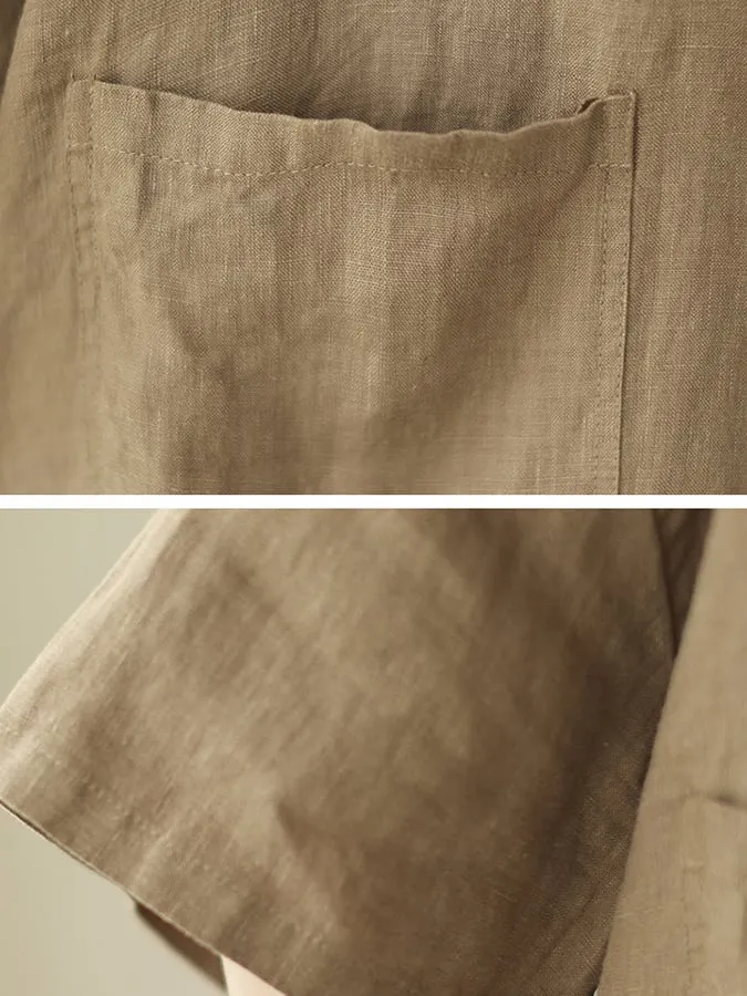 Women's Retro Lapel Solid Color Casual Cotton And Linen Shirt