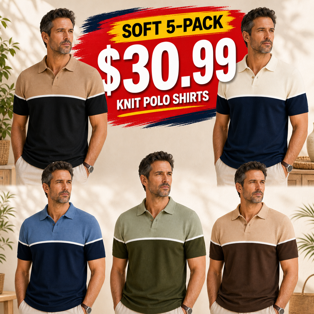 Men's Colorblock Knit Short Sleeve Polo Shirt