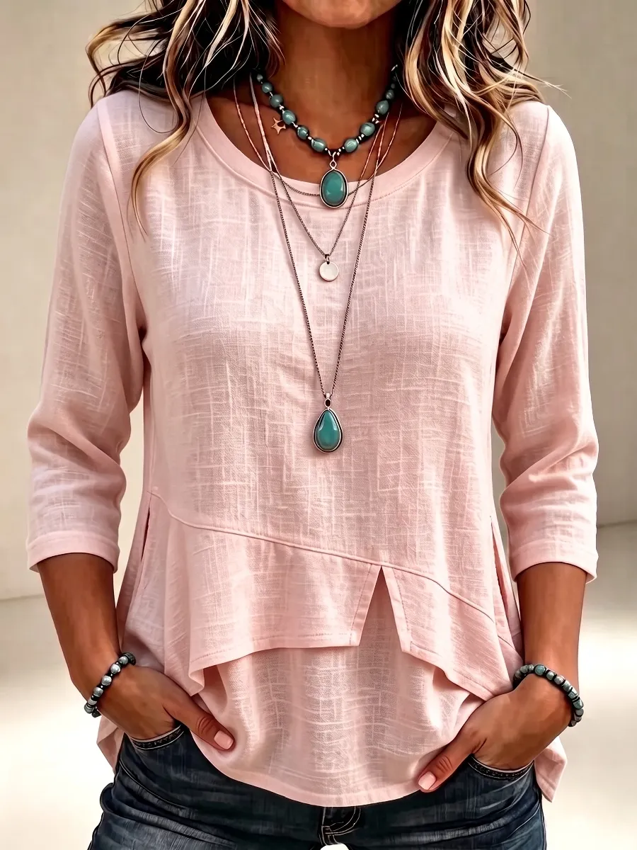 New Arrival🔥 Women'S Elegant Round Neck Cloth Symmetrical Hem Design 3/4 Sleeve T-Shirt