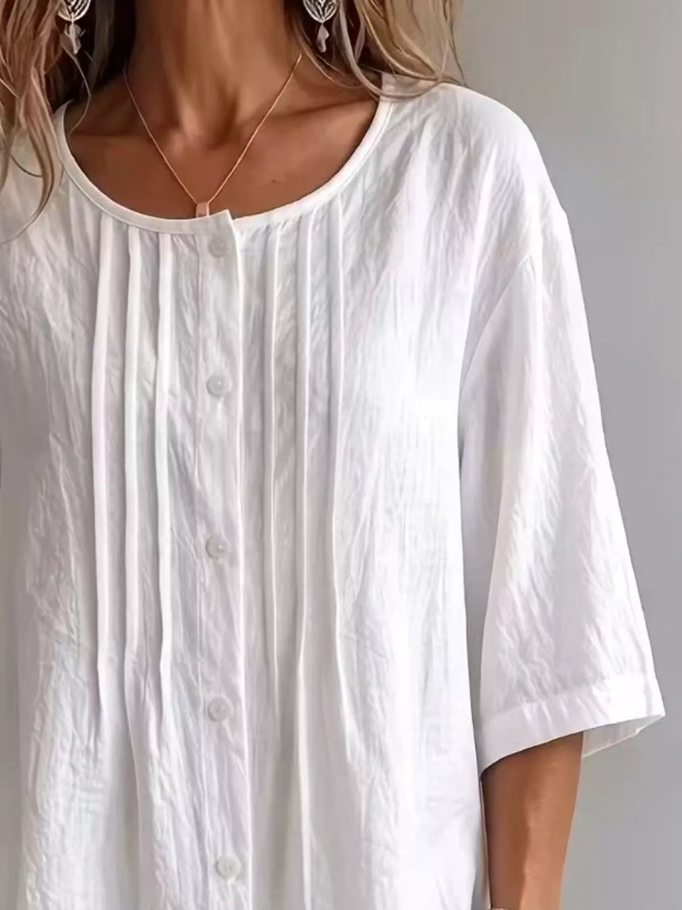 Women's Full Size Cotton Linen Texture Round Neck 3/4 Sleeve Blouse