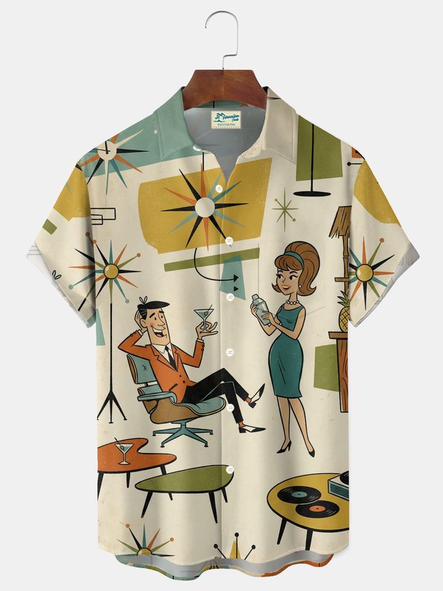 Retro Medieval Atomic Geometry Print Men's Button Pocket Short-Sleeve Hawaiian Big & Tall
