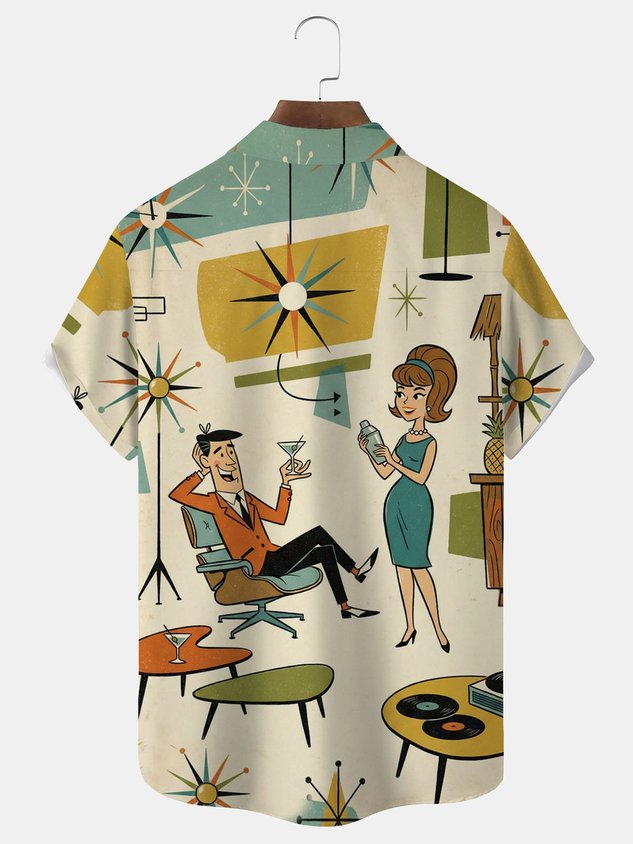 Retro Medieval Atomic Geometry Print Men's Button Pocket Short-Sleeve Hawaiian Big & Tall