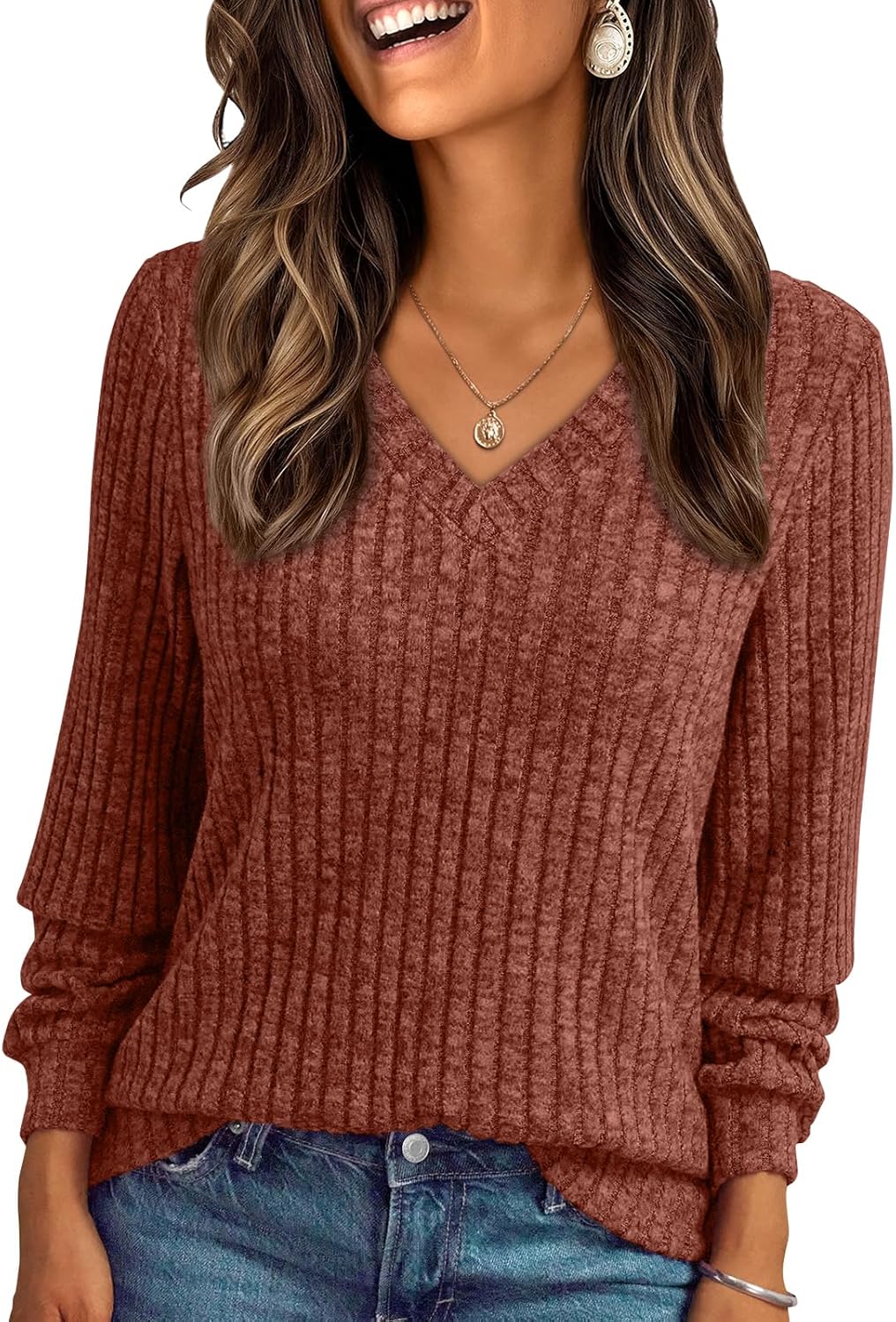 🔥Trendy Women’s V Neck Long Sleeve Tunic Sweater Fall 