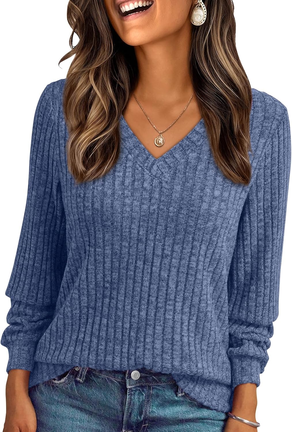 🔥Trendy Women’s V Neck Long Sleeve Tunic Sweater Fall 