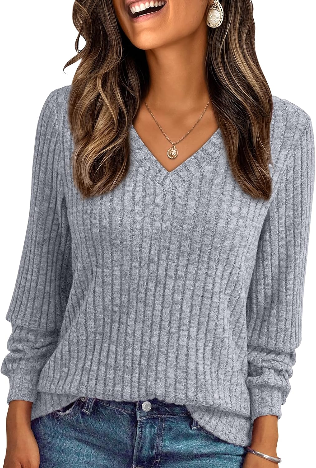 🔥Trendy Women’s V Neck Long Sleeve Tunic Sweater Fall 