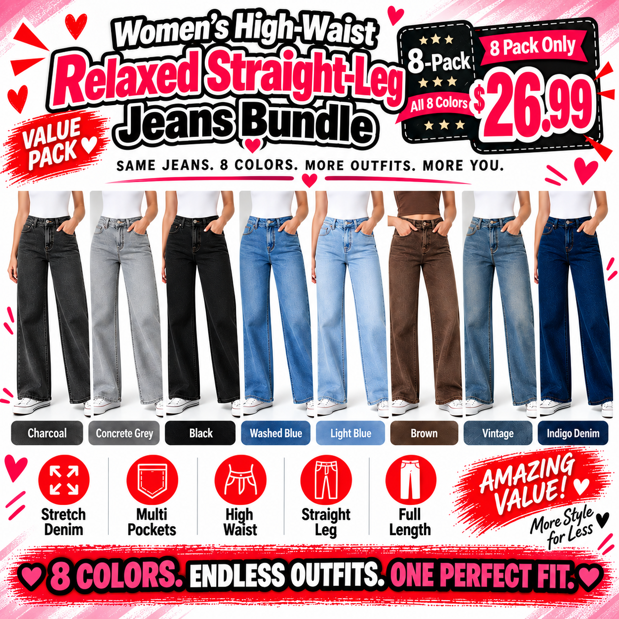 Women's High-Waist Multi-Pocket Relaxed Straight-Leg Stretch Denim Jeans Bundle