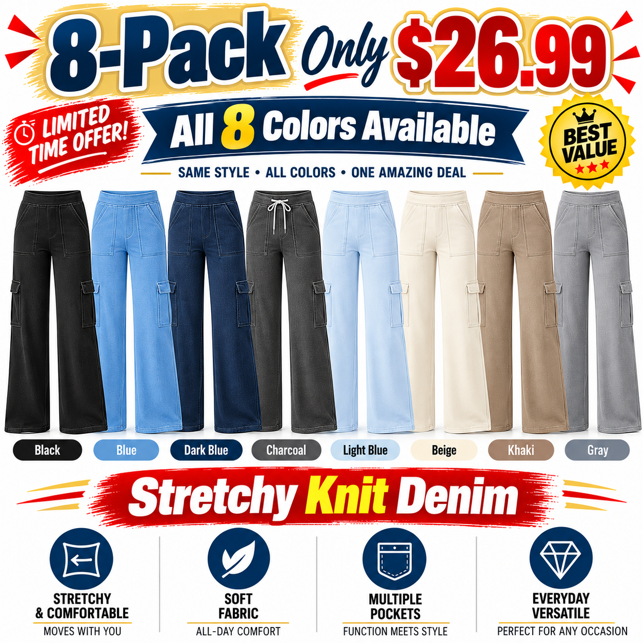 Women's Mid-Rise Stretchy Knit Denim Straight-Leg Cargo Jeans Bundle