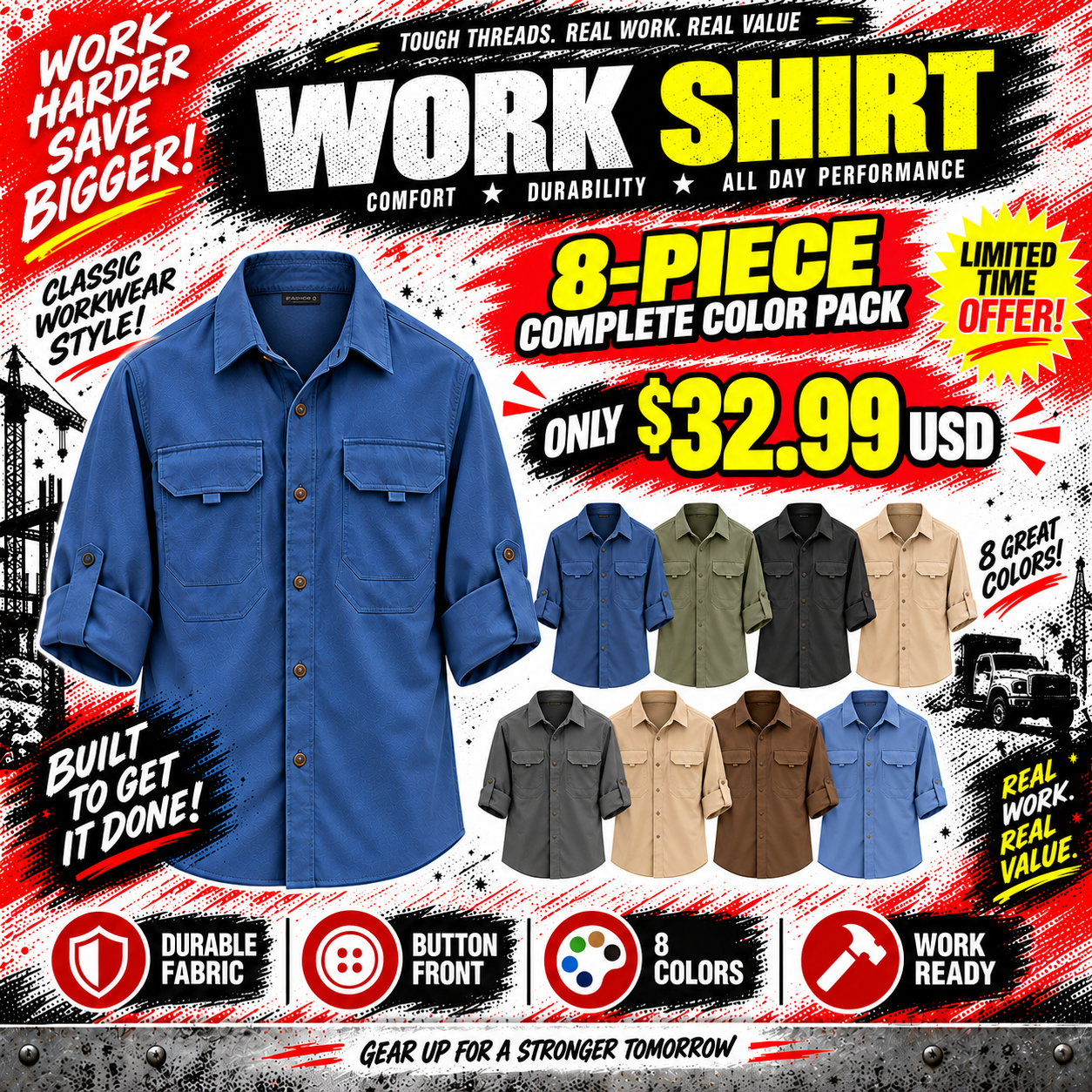 4- or 8-Pack Men's Roll-Sleeve Utility Shirts