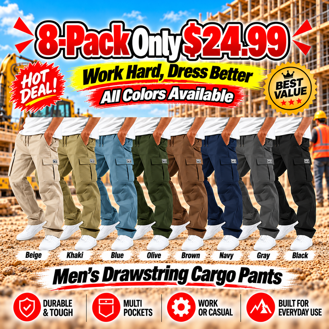 Men's Multi-Pocket Drawstring Cargo Pants – Relaxed Fit Everyday Work & Casual Pants