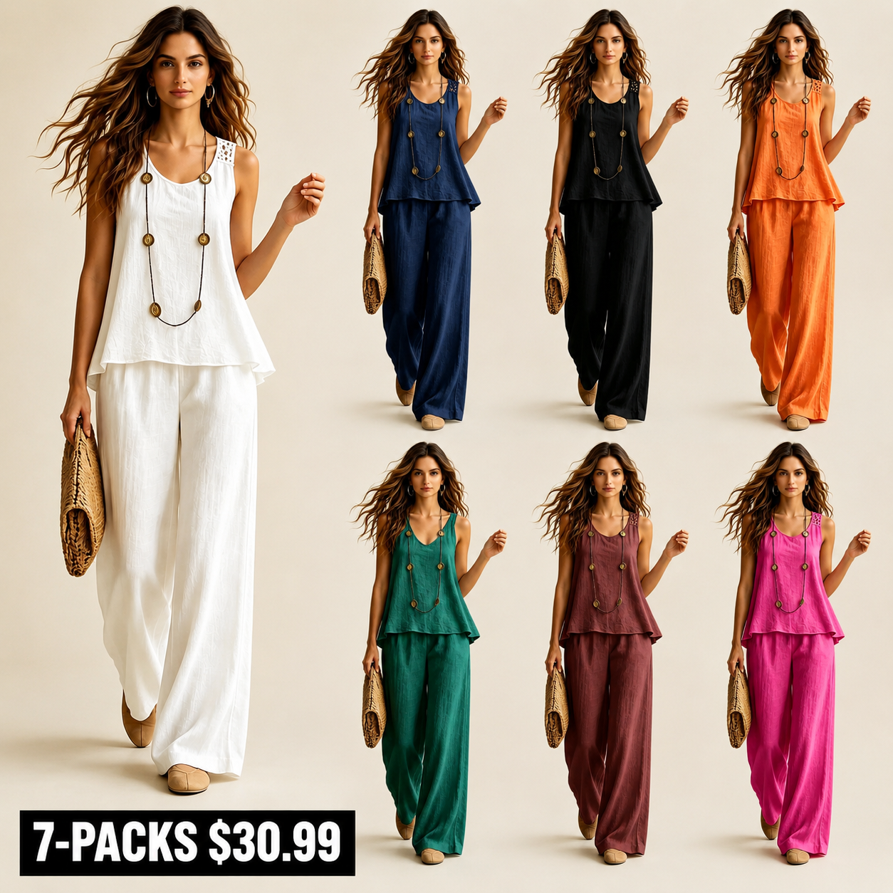 Vacation Solid Color Backless Floral Vest And Trousers Two-piece Set