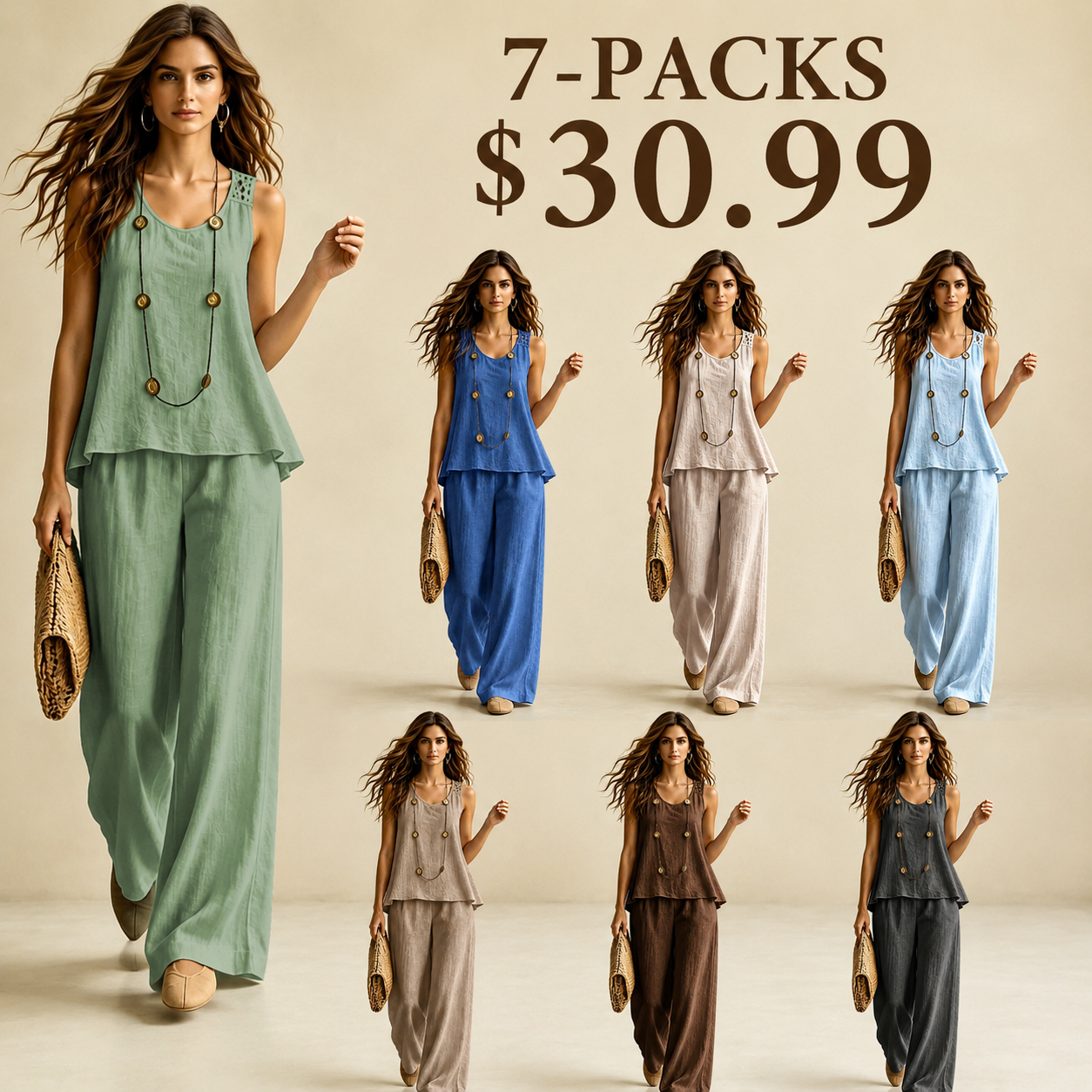 Vacation Solid Color Backless Floral Vest And Trousers Two-piece Set