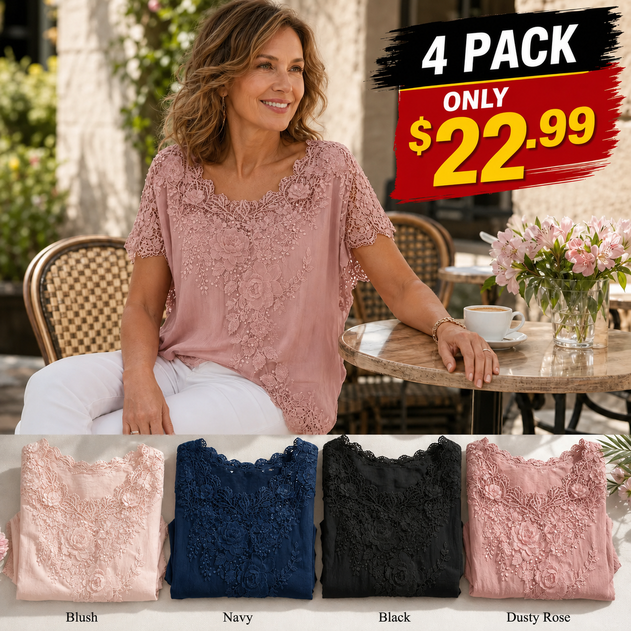 Women's Lace Embroidered Short Sleeve Top