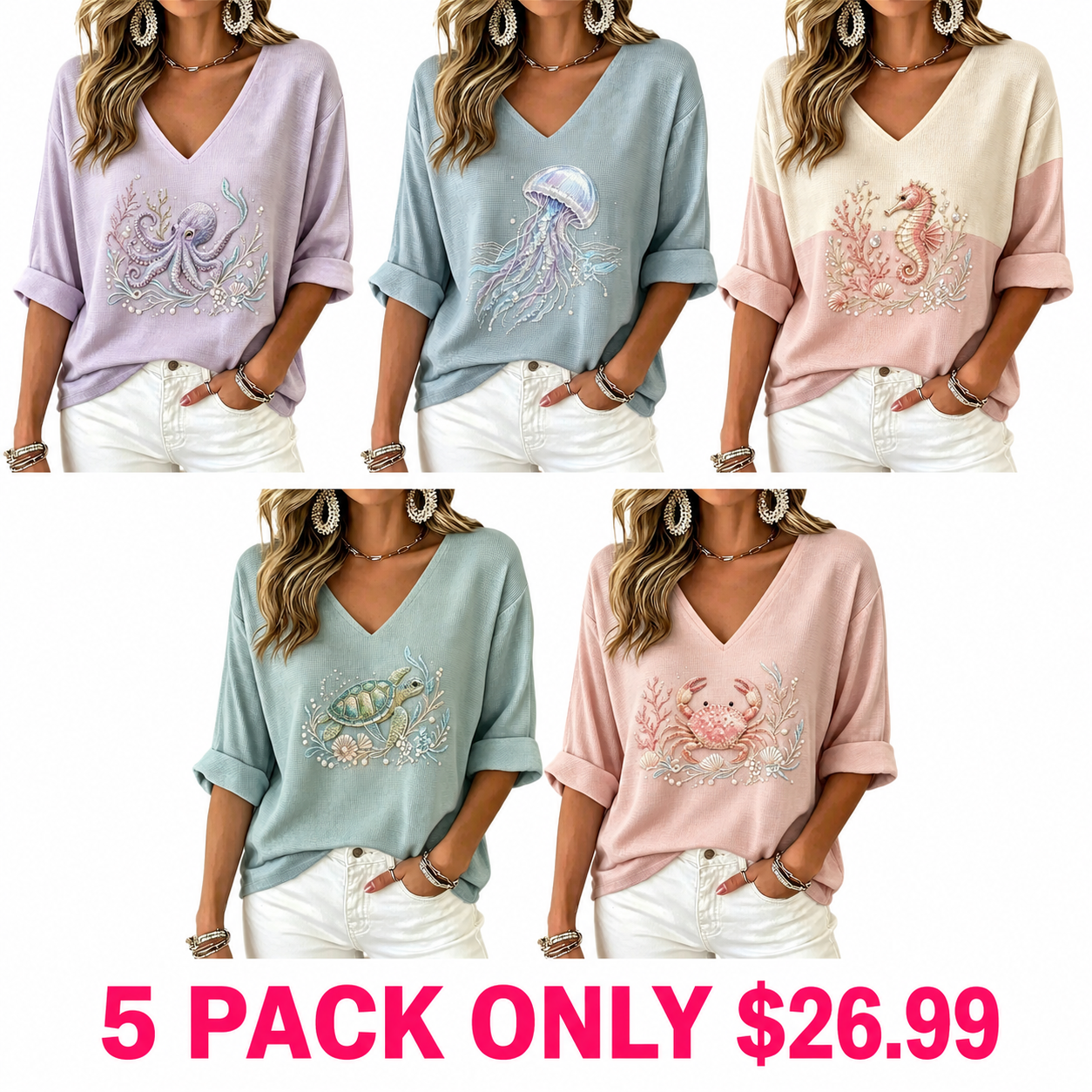Women's Waffle Knit V Neck Top | 3/4 Sleeve Relaxed Fit [Marine Theme] Casual Vacation Shirt