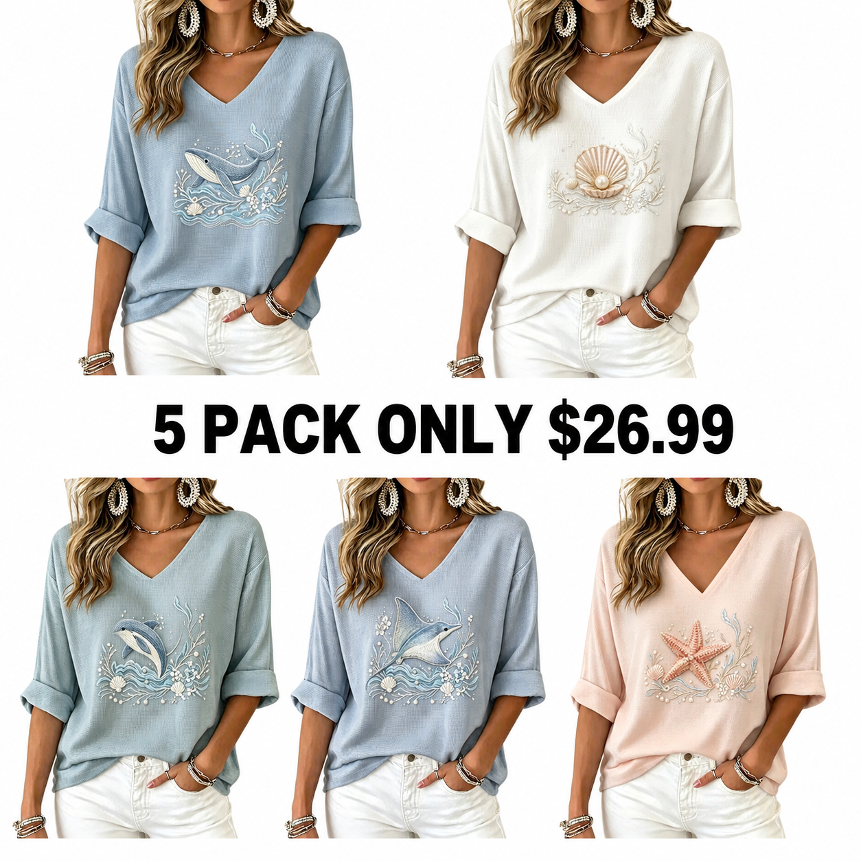 Women's Waffle Knit V Neck Top | 3/4 Sleeve Relaxed Fit [Marine Theme] Casual Vacation Shirt