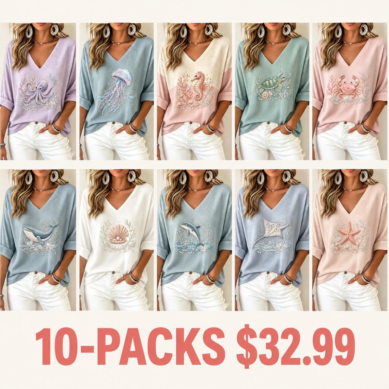 Women's Waffle Knit V Neck Top | 3/4 Sleeve Relaxed Fit [Marine Theme] Casual Vacation Shirt