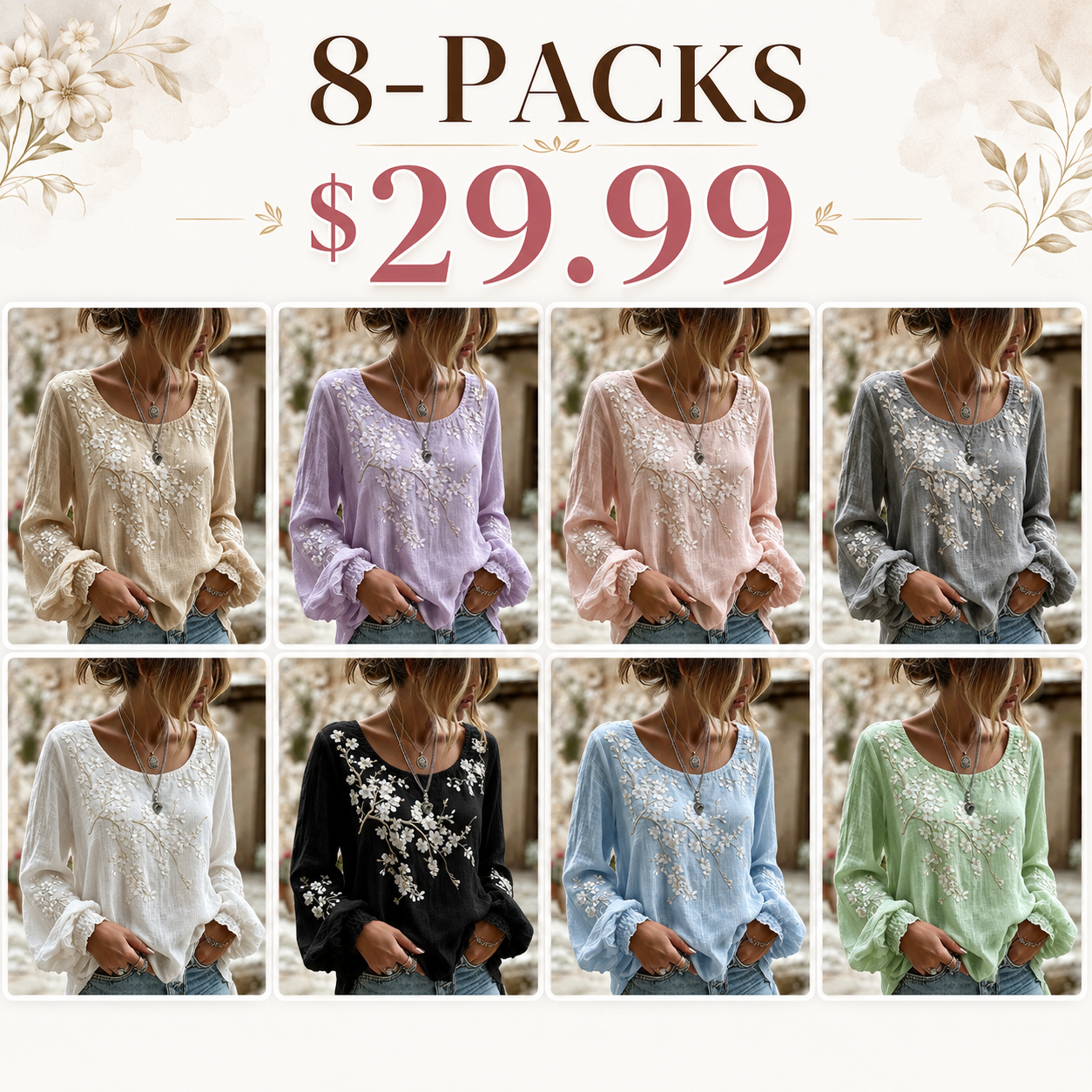 Women's Sakura Print Crew Neck Linen Blend T-shirt
