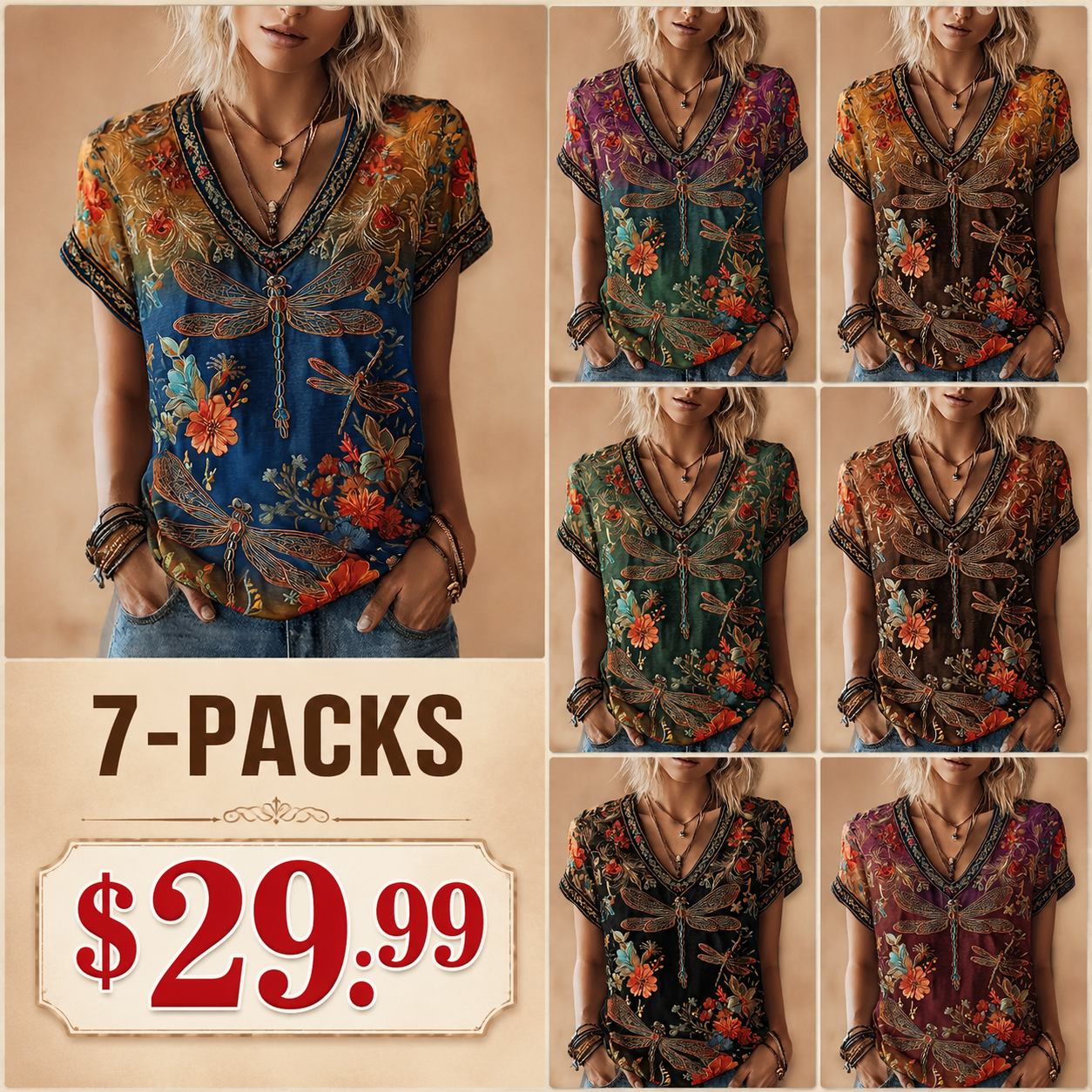 Women's Vintage Dragonfly And Floral Art Print V Neck Linen Blend Short Sleeve Tops