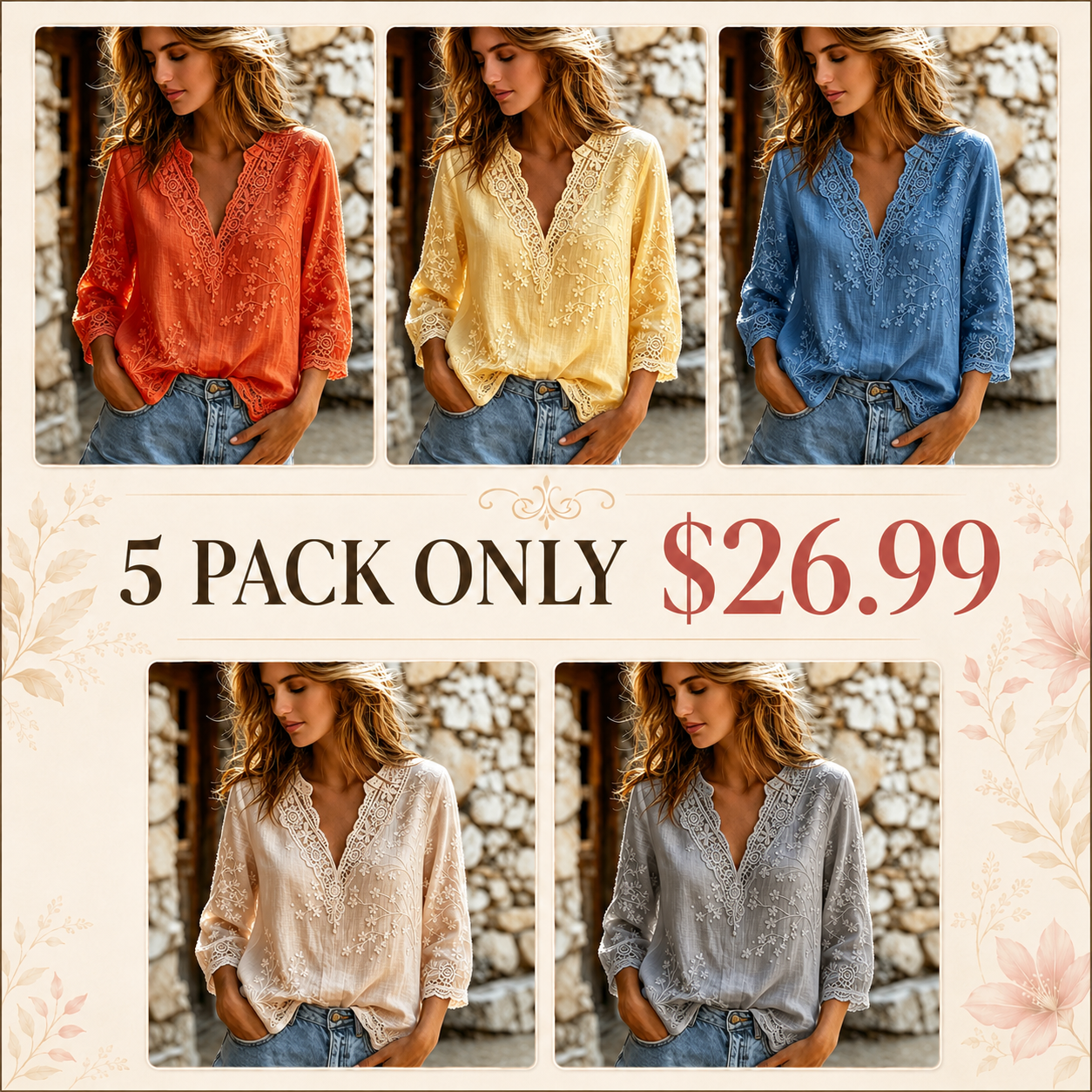 Women's Vintage Floral Art Embroidery Cotton Linen V-neck Long Sleeve Top
