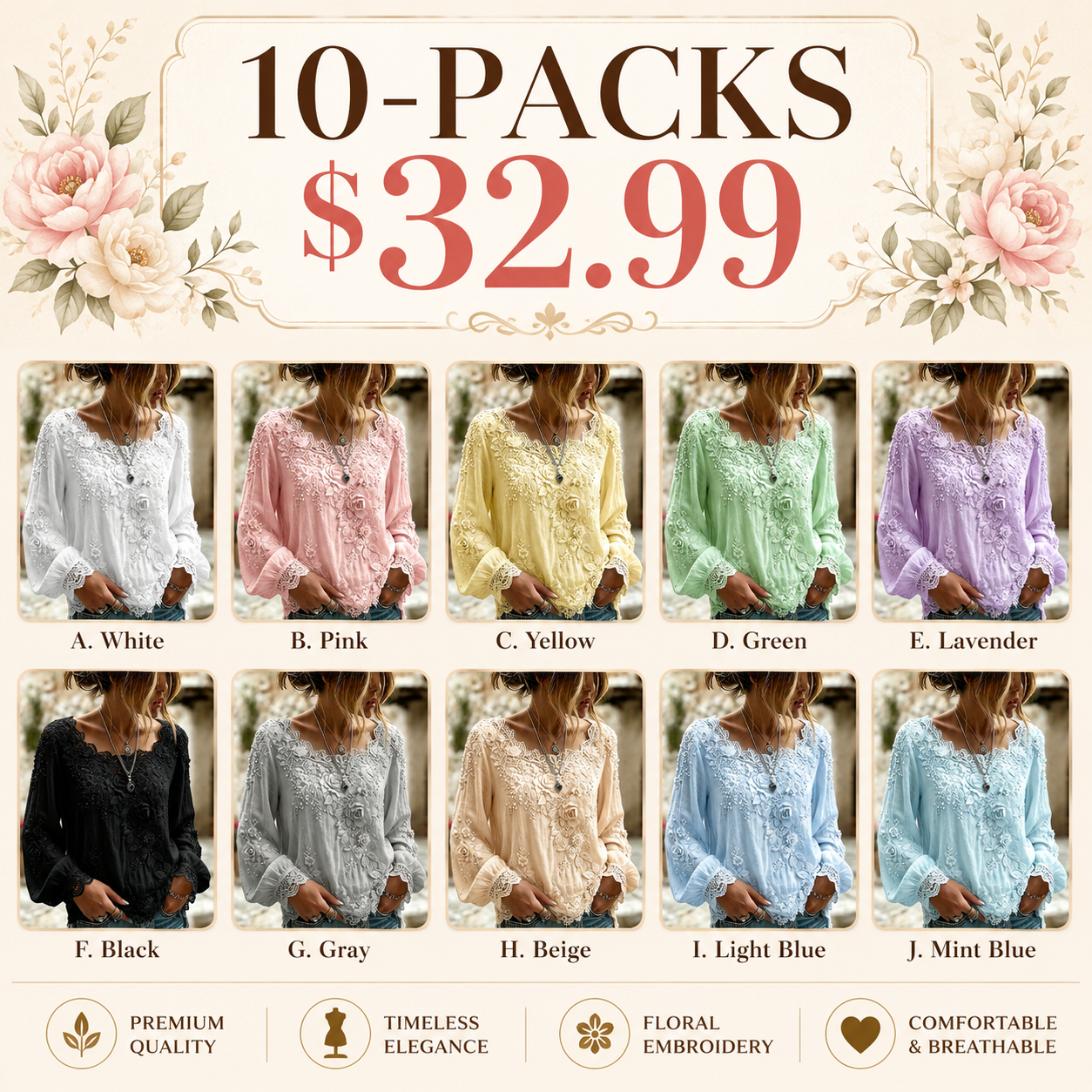 Women's Vintage White Rose Floral Art Flowy Crew Neck Long Sleeve Linen T-shirt