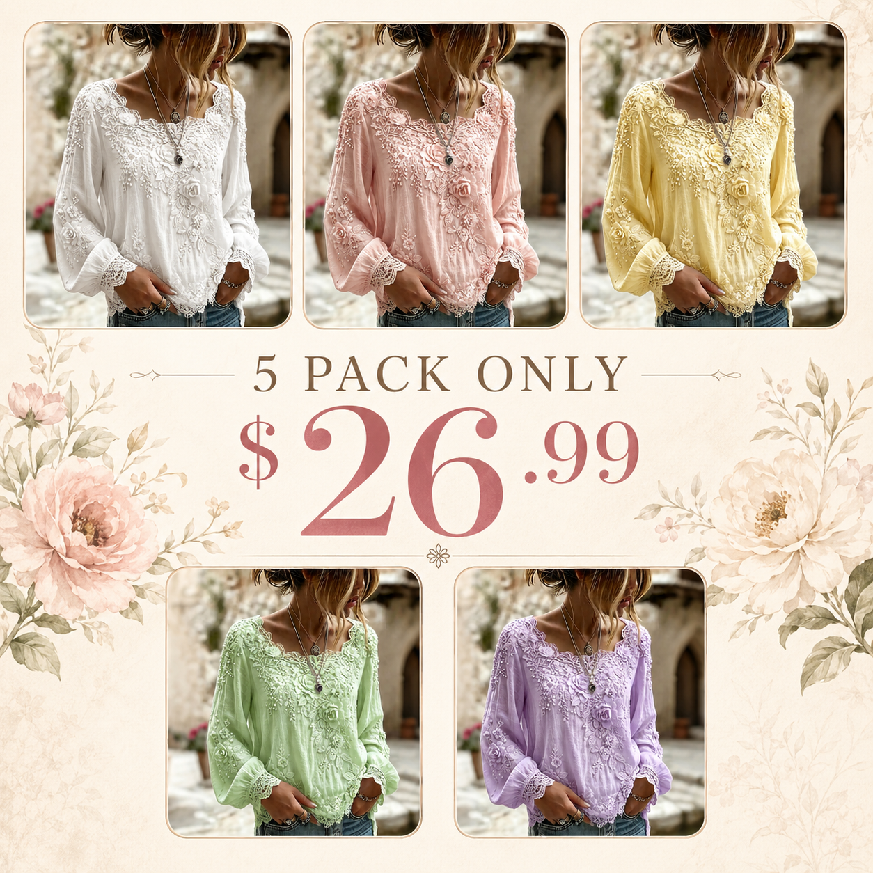 Women's Vintage White Rose Floral Art Flowy Crew Neck Long Sleeve Linen T-shirt