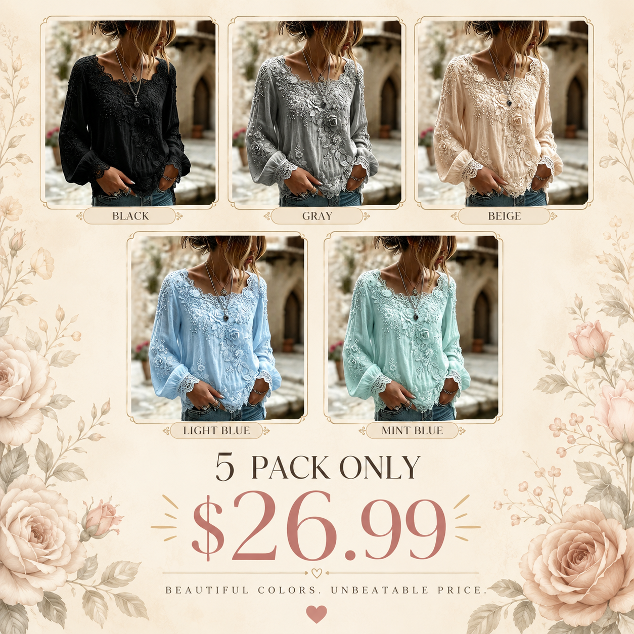 Women's Vintage White Rose Floral Art Flowy Crew Neck Long Sleeve Linen T-shirt