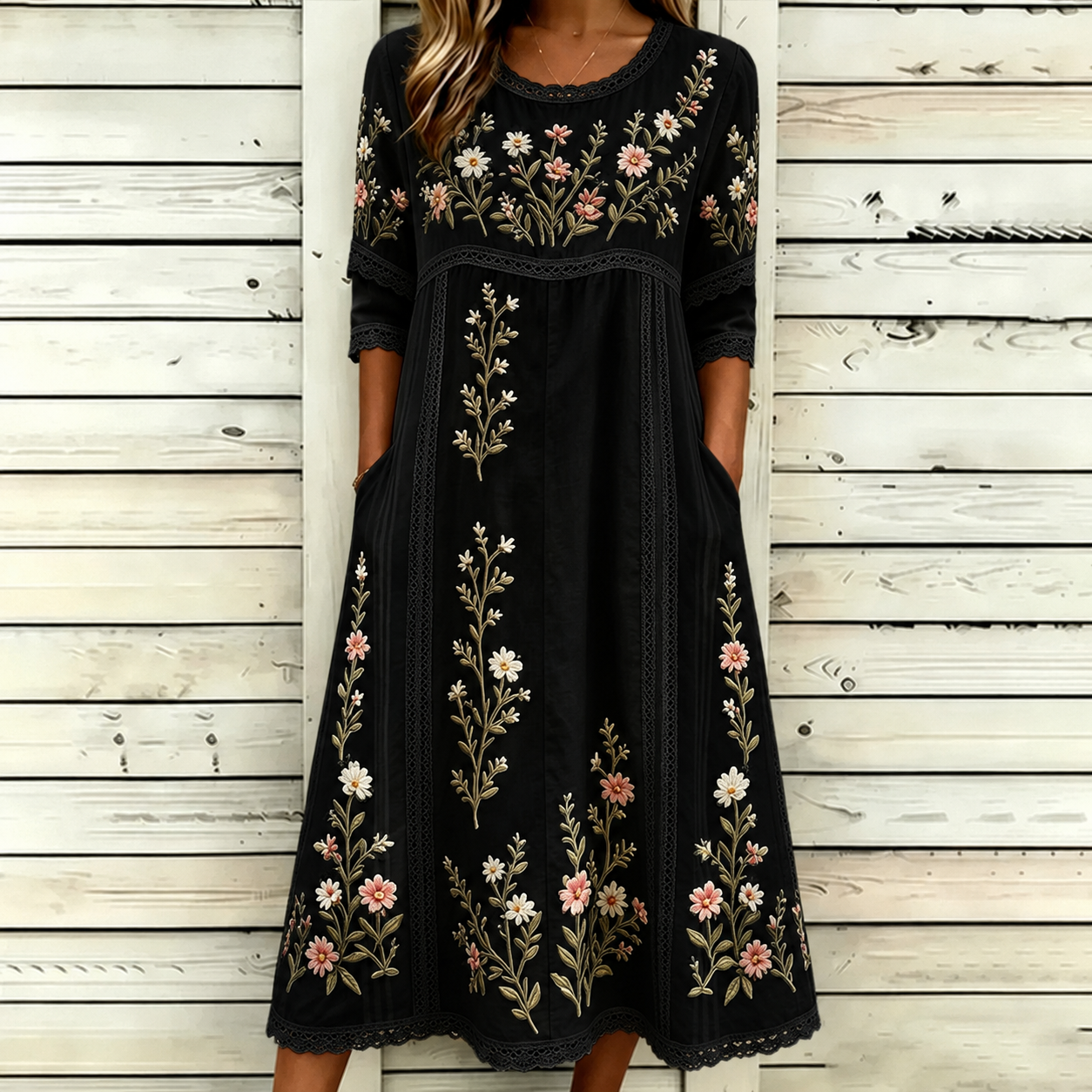 Women's Retro Floral Art Embroidered Patchwork Linen Blend Short Sleeve Dress